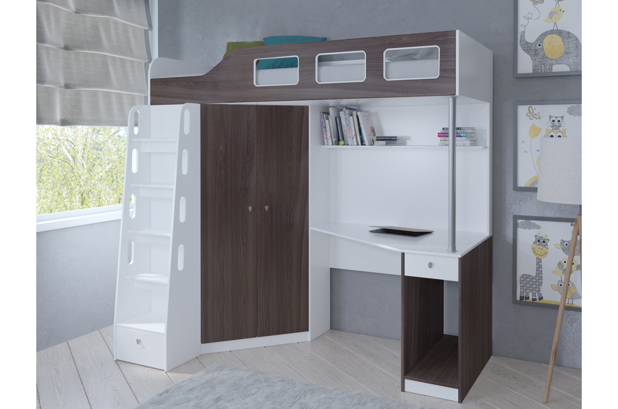Кровать-чердак Астра 7 белый / дуб шамони