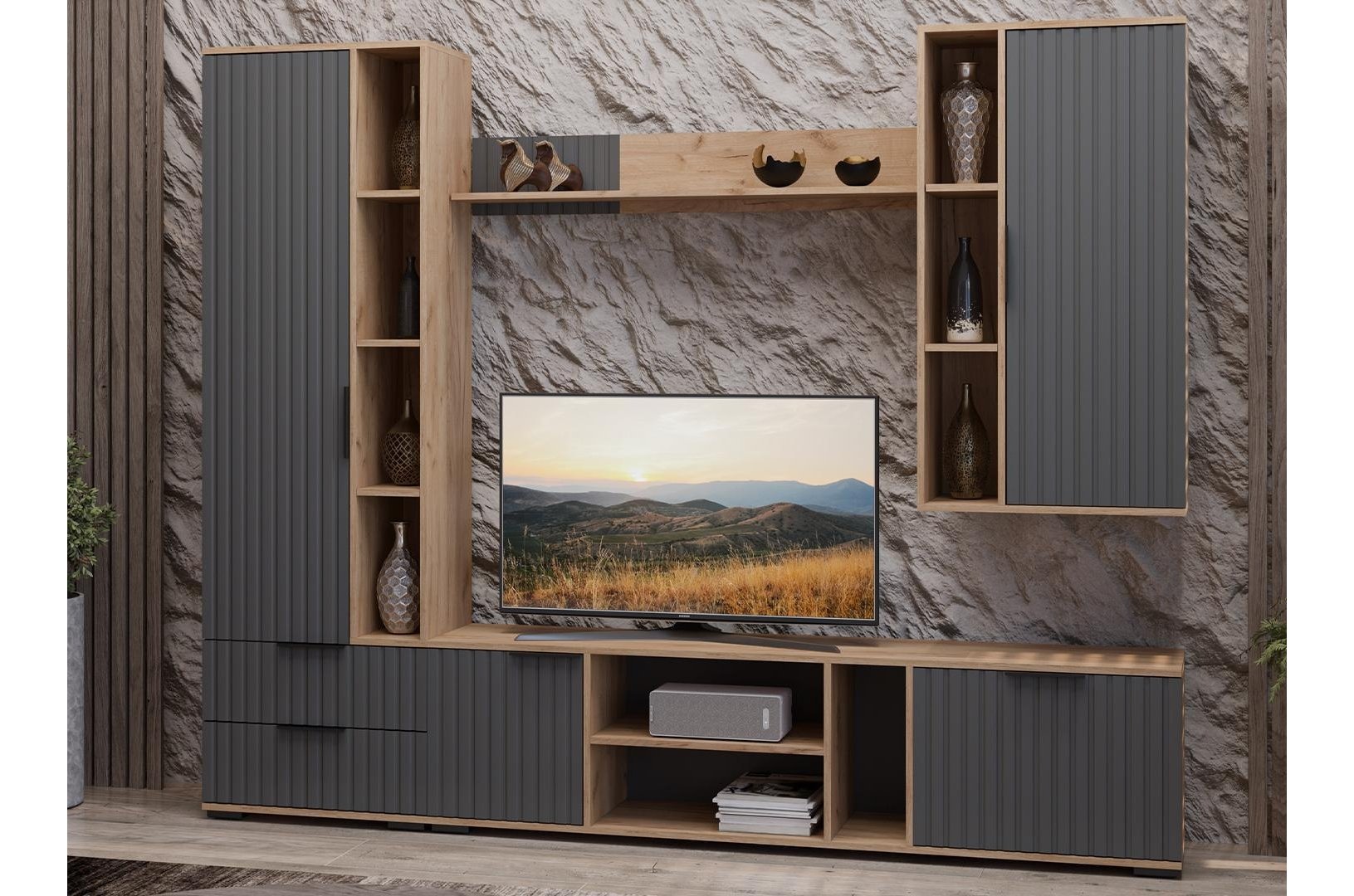 Модульная гостиная Хилтон дуб крафт золотой / графит матовый комплектация 1