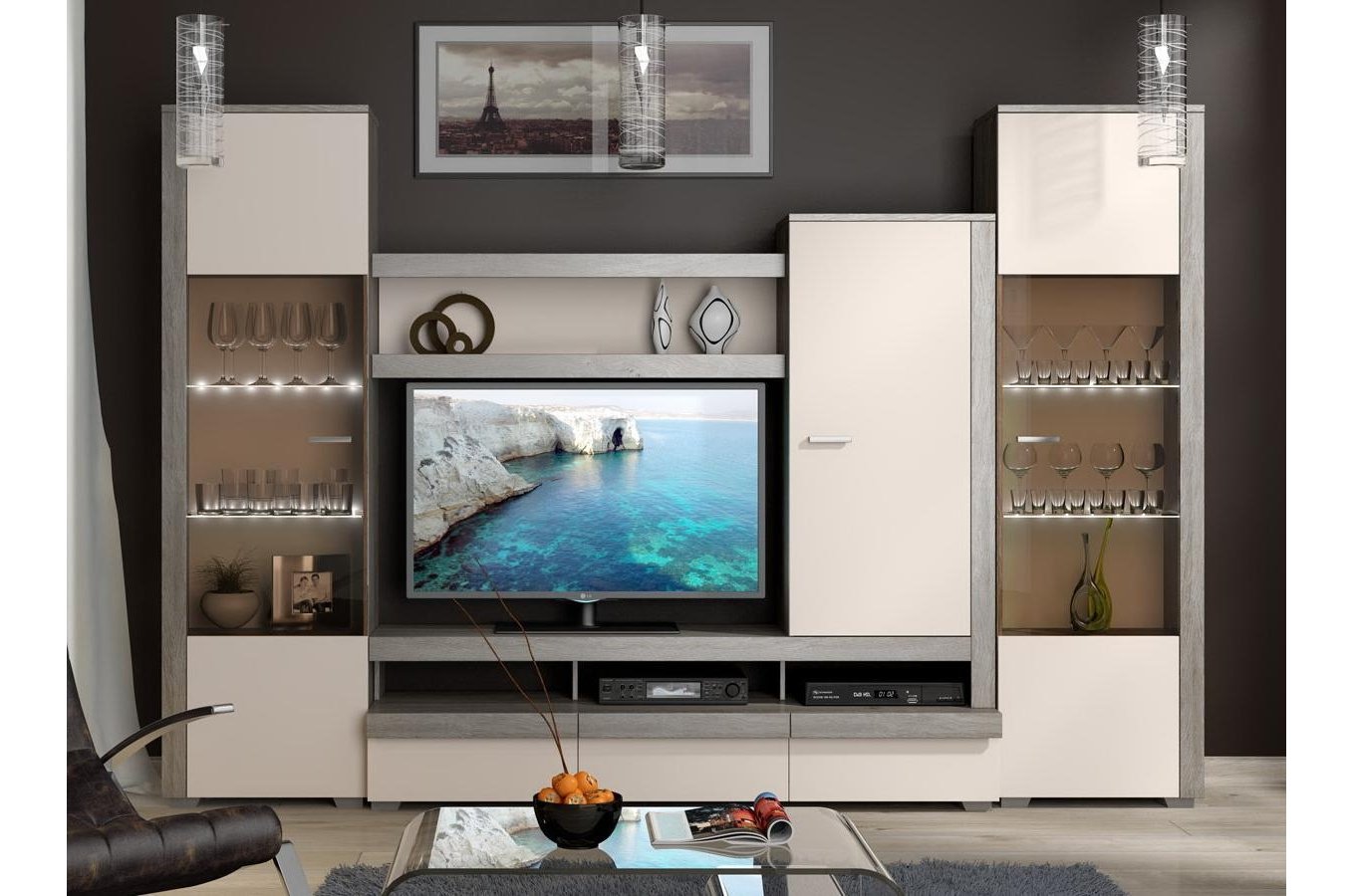 Стенка для гостиной Эйва (комплектация 1) фон бежевый / дуб верцаска