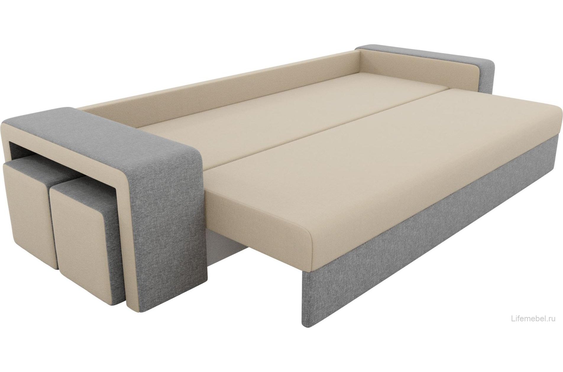 Диван Мустанг прямой с двумя пуфами рогожка бежевый / серый