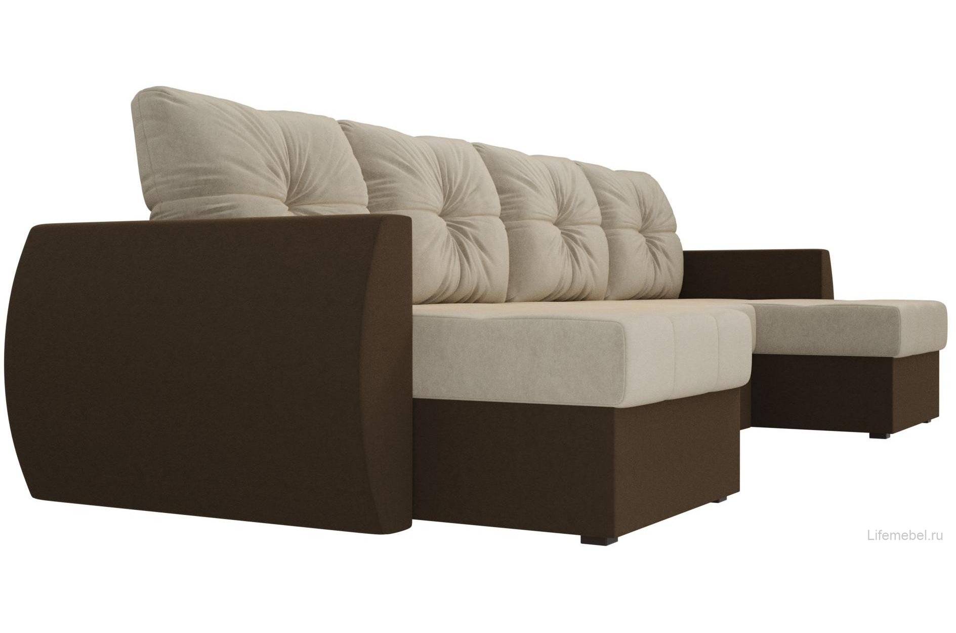 Диван Сатурн микровельвет бежевый / коричневый П-образный