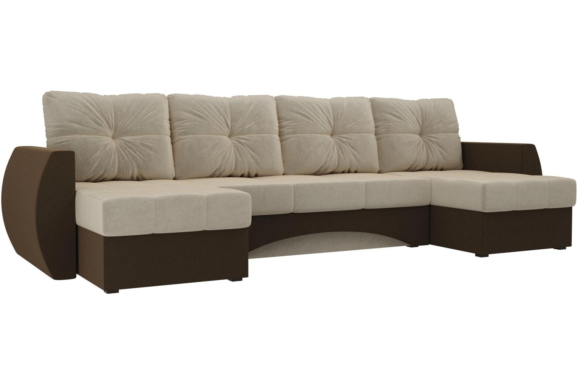 Диван Сатурн микровельвет бежевый / коричневый П-образный