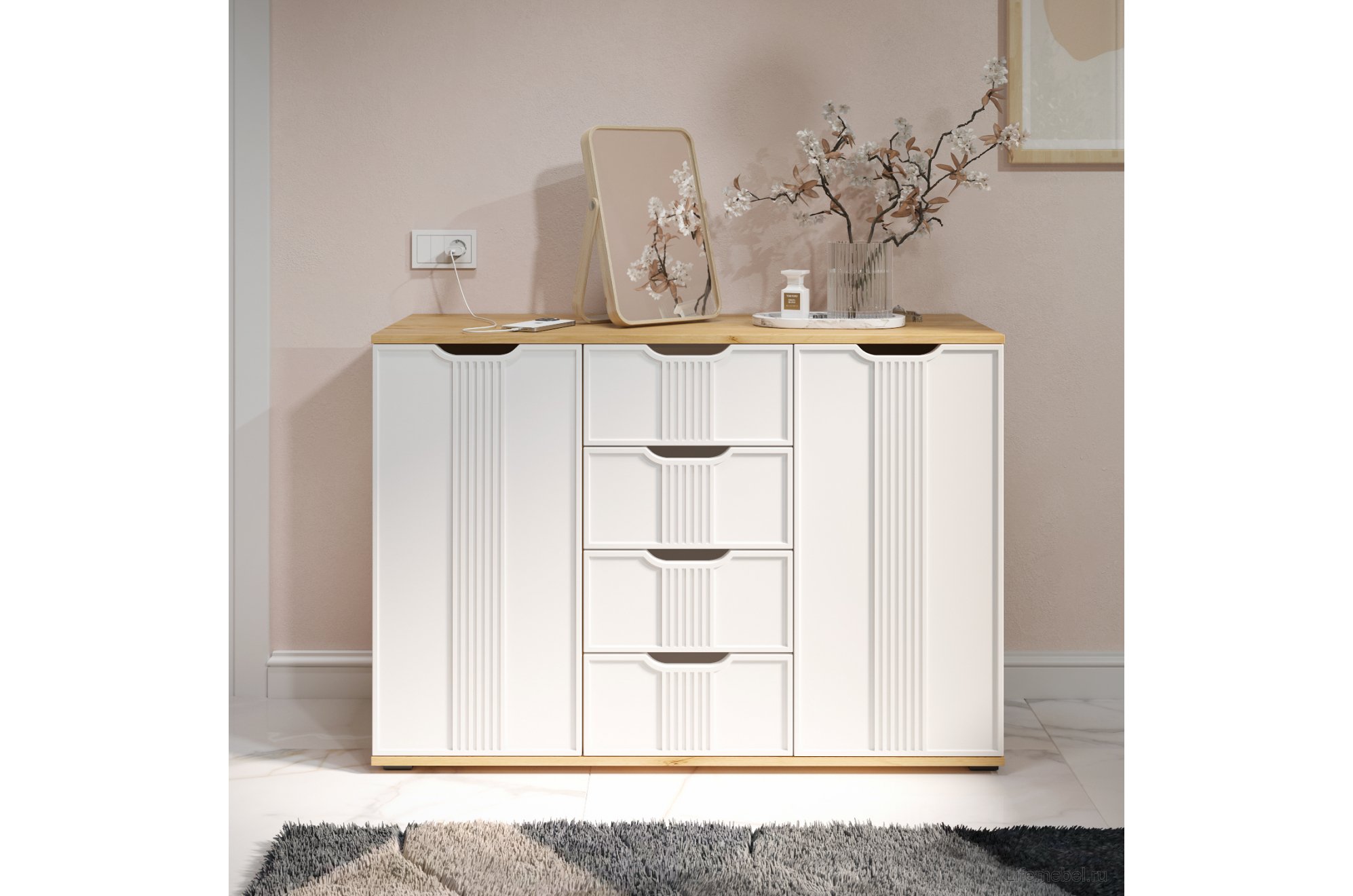 Комод Эмилия ЭЛ-21 дуб крафт золотой / меренга