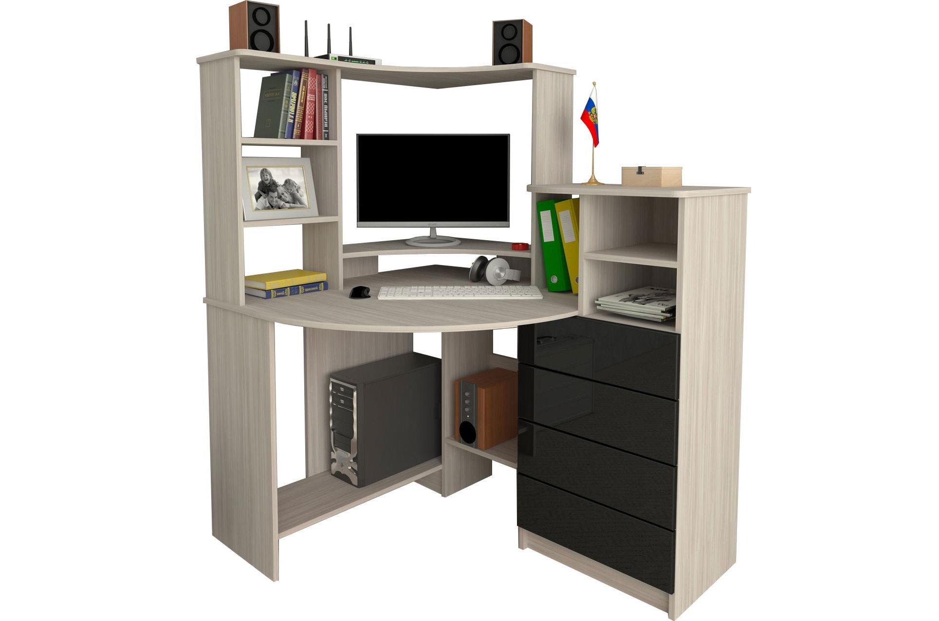 Компьютерный стол Мебелеф - 44 ясень шимо светлый / черный глянец левый