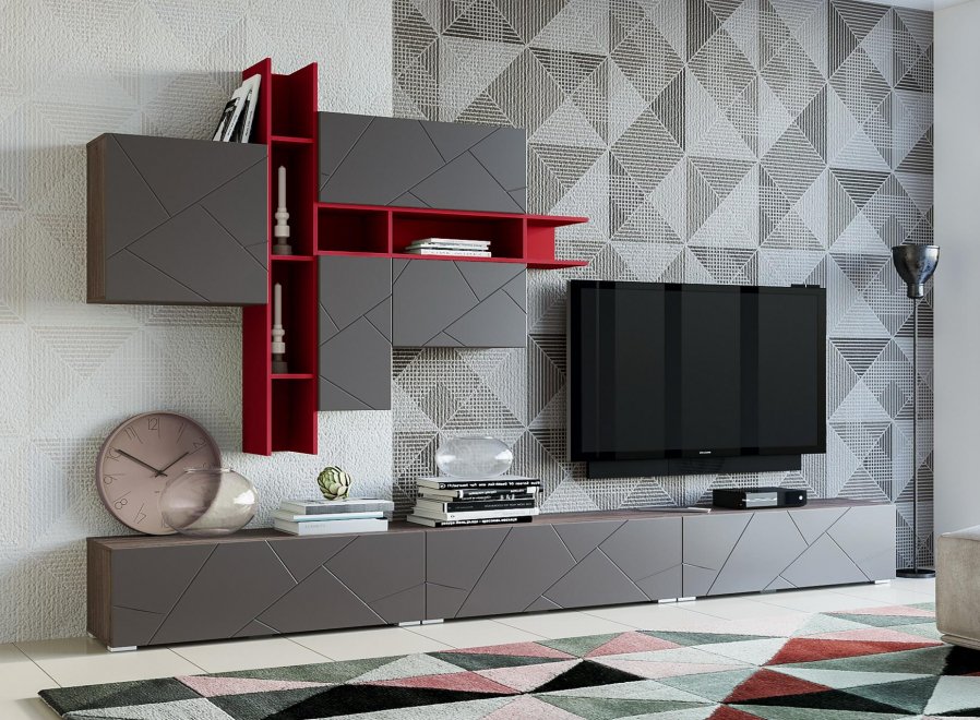 Модульная гостиная Summit софт графит / ярко-красная / ясень анкор темный комплектация 2