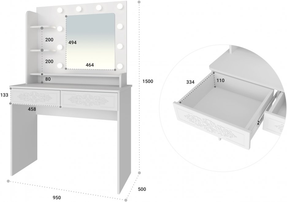 Туалетный столик Ассоль Лайт ТСН-5 белое дерево с зеркалом
